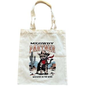 Gray Cat Cowboy Hat Red Bandana MEOWDY Partner Whiskers in Wind Canvas Tote Bag